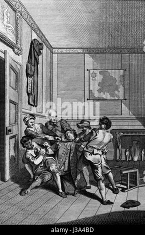 Ein Gentleman von Böhmen, nachdem er seine ganze Familie ermordet, erwürgt von fünf Grobiane für Protestanten zu helfen. Gravur von Th C 1780-edition Stockfoto