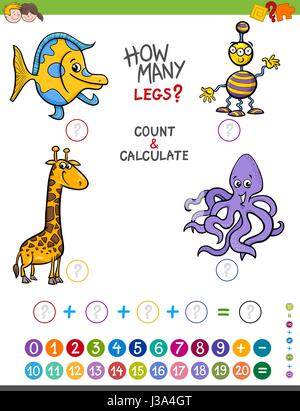 Cartoon Illustration von pädagogischen mathematische zählen und Zusatz-Spiel für Kinder im Vorschulalter mit lustigen Figuren Stock Vektor