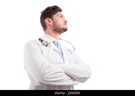 Zuversichtlich, Sanitäter oder Arzt mit gefalteten Händen Exemplar blickte isoliert auf weißem Hintergrund Stockfoto