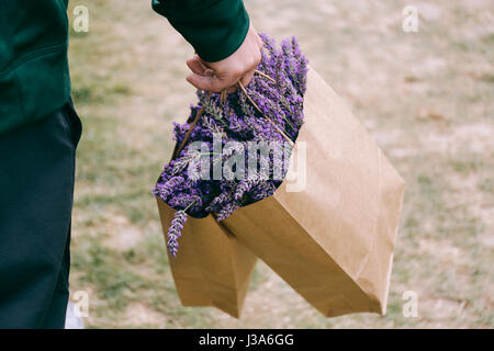 An Hand des Mannes zwei braune Papier-Tragetaschen von frisch geschnittenem Lavendel aus Pick Sie eigenen Lavendelfarm hautnah Stockfoto