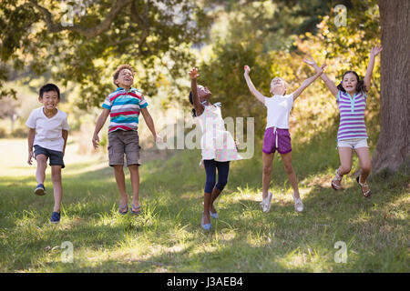 Fröhliche Freunde springen auf der Wiese im Wald Stockfoto