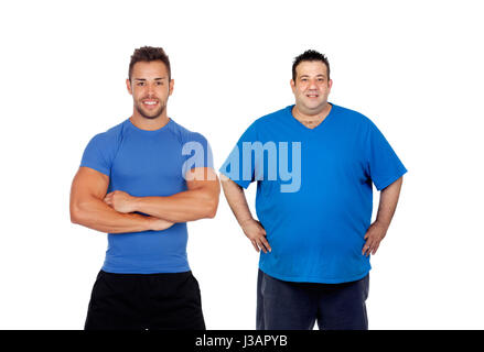 Dicker Mann und seinem Trainer trainieren isoliert auf weißem Hintergrund Stockfoto