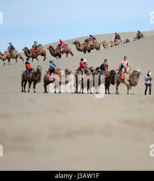 Der Provinz Gansu Dunhuang, China. 3. Mai 2017. Touristen fahren Kamele an berühmte Sand Berg oder die singenden Sanddünen in Dunhuang, Nordwesten Chinas Provinz Gansu, 3. Mai 2017. Berühmte Sand Landschaft Bergzone in Dunhuang hat vor kurzem zahlreiche Touristen angezogen. Bildnachweis: Chen Bin/Xinhua/Alamy Live-Nachrichten Stockfoto