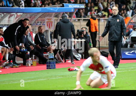 Monaco. 3. Mai 2017. Leonardo Jardim, Cheftrainer der AS Monaco, während die 1. Etappe der Champions-League-Halbfinale zwischen AS Monaco und FC Juventus Stadium Louis II am 3. Mai 2017 in Monaco. Endergebnis: Monaco Vs Juventus 0-2. Bildnachweis: Massimiliano Ferraro/Alamy Live-Nachrichten Stockfoto