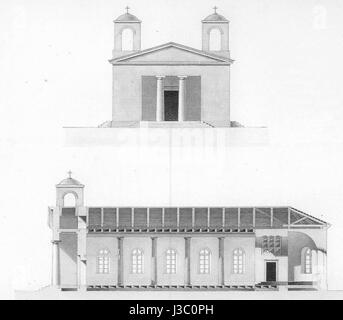 Der Entwurf für die katholische Kirche in Rastadt Beresan spiegelt klassische Architekturstile wider, mit komplizierten Details und religiösem Symbolismus. Das Layout und die ästhetischen Merkmale des churchâ sind ein Hinweis auf die kulturellen und religiösen Werte während der Designzeit. Stockfoto