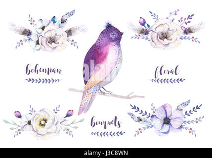 Satz von Aquarell Vintage Blumensträuße mit Feder. Boho spr Stockfoto