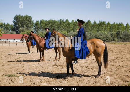 Chicos im traditionellen blauen Kostüm auf einer Pferdefarm in der Puszta Region Ungarns, Europa. Stockfoto