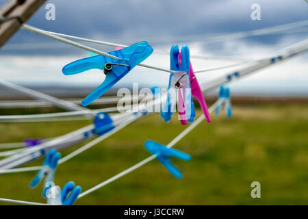 Zwei Babys sind geboren: Wäscheleinen mit rosa und blauen Wäscheklammern wehen im Wind auf der kleinen Nordfriesland-Insel Amrum, Deutschland Stockfoto