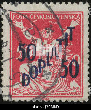 Der tschechoslowakische Due Stamp von 1927, Michel #51F, ist ein bemerkenswertes Beispiel für die Postgeschichte des frühen 20. Jahrhunderts. Es weist unterschiedliche Designelemente aus der Zeit auf und repräsentiert die kulturelle und politische Ära der Tschechoslowakei in der Zwischenkriegszeit. Stockfoto