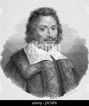 Evangelista Torricelli (1608–1647) war ein italienischer Physiker und Mathematiker, der vor allem für die Erfindung des Barometers bekannt war. Seine Arbeit legte den Grundstein für das Studium des atmosphärischen Drucks und der Strömungsdynamik. Stockfoto