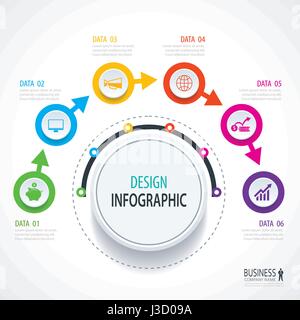 Business Timeline Infografiken mit 6 Kreise Schritte Nummer Optionen. Einsetzbar für Workflow-Layout, Grafik, Daten, Banner, Webdesign. Stock Vektor
