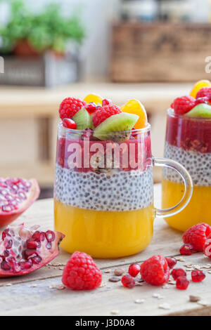 Gesundes Dessert in einem Glas mit Chia-Samen, Kiwi, Himbeere, Mango und Getreide. Stockfoto