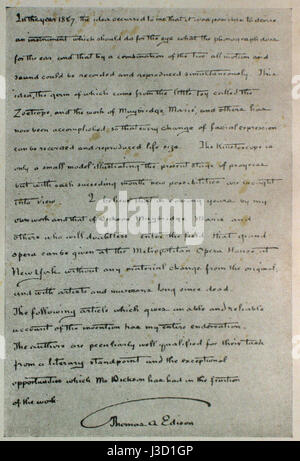 Dies ist ein Brief von Thomas Edison aus dem Jahr 1887. Edison, ein renommierter amerikanischer Erfinder und Geschäftsmann, ist vor allem für seine Entwicklung der elektrischen Glühlampe und seine zahlreichen Beiträge zu moderner Technologie und Innovation bekannt. Stockfoto