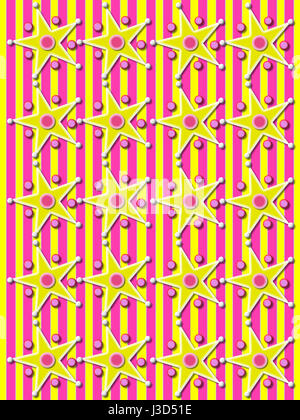 Gelb und rosa gestreiften Hintergrund fällt in den Reihen der gelben Sternen umgeben von Kugeln und Perlen. Stockfoto