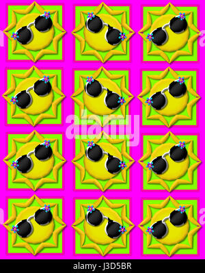 Heißen rosa Hintergrund ist mit bunten Quadraten verziert.  Quadrate sind mit gelben Sonne tragen Sonnenschirme gekrönt. Stockfoto