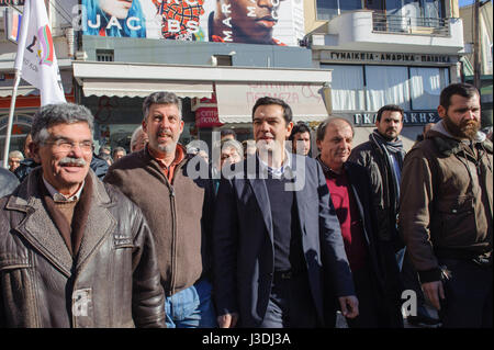 Top-Kandidat Alexis Tsipras besucht die nördliche griechische Stadt des Dramas, 2015 Stockfoto