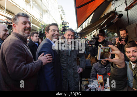 Top-Kandidat Alexis Tsipras besucht die nördliche griechische Stadt des Dramas, 2015 Stockfoto