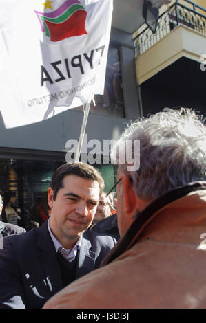 Top-Kandidat Alexis Tsipras besucht die nördliche griechische Stadt des Dramas, 2015 Stockfoto