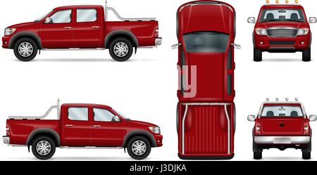 Roter Pickup-Vektor-Illustration. Vier-Rad-Antrieb-Auto isoliert auf weiss. Alle Schichten und Gruppen organisiert auch für die einfache Bearbeitung und einfärben. Stock Vektor