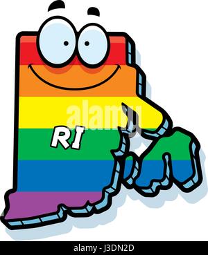 Eine Karikatur Illustration der Bundesstaat Rhode Island lächelnd mit Regenbogenfarben Flagge. Stock Vektor