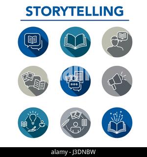 Storytelling-Icon-Set mit Sprechblasen und Bücher Stock Vektor