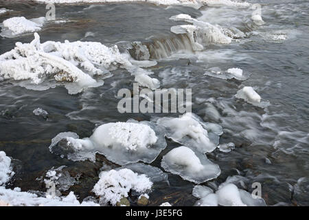 Schäumende Stromschnellen des Flusses, bedeckt mit Wucherungen von Eis und Büsche Trockenrasen in Rauhreif Kristalle am Ufer an einem Winterabend Stockfoto