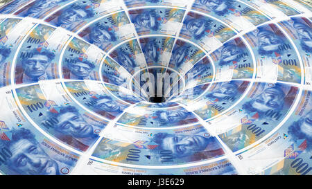 Geld Hintergrund von Schweizer Franken Banknoten flow in Bohrung Stockfoto