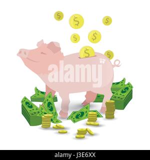 Ein Schwein von einem rosa Sparschwein mit einem Haufen von gold-Münzen und Papier grün Dollar. Illustration für Ihr Design. Rosa Schwein, frech und niedlich Stock Vektor