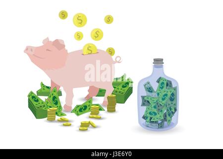 Rosa Schwein Sparschwein mit einem Stack von Goldmünzen und grüne Papier-Dollar und einem Glas Food Bank für Einsparungen. Illustration für Ihr Design. Rosa Schwein naugh Stock Vektor