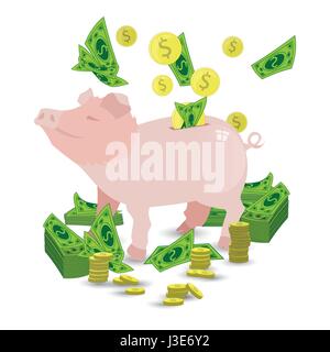 Rosa Schwein Sparschwein mit einem Haufen von gold-Münzen und Papier grün Dollar fliegen in das Loch. Illustration für Ihr Design. Rosa Schwein, frech und niedlich Stock Vektor