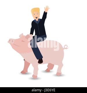 Donald Trump reitet ein Schwein ein wildes Rosa auf weißem Hintergrund. Illustration für Ihr Design. Schwein zu Fuß auf weißem Hintergrund. Präsident der USA Stock Vektor