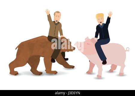 Donald Trump und Vladimir Putin sind ein Schwein und ein Bär Reiten. Auf weißem Hintergrund. Illustration für Ihr Design. Präsident der Vereinigten Staaten und Rus Stock Vektor