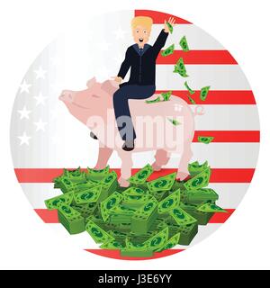 Donald Trump Reiten ein Schwein Sparschwein auf dem Hintergrund der amerikanischen Flagge. Illustration für Ihr Design. Sparschwein mit grünem Papier-Dollar. Rücktritt Stock Vektor