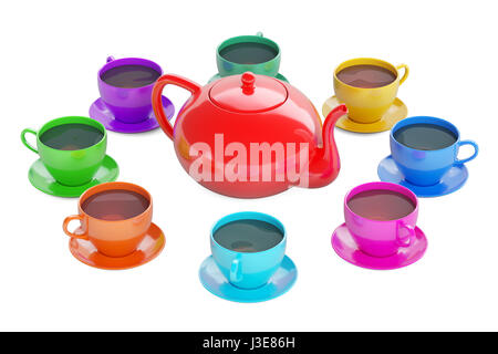 Bunte Tassen mit Teekanne, 3D-Rendering isolierten auf weißen Hintergrund Stockfoto