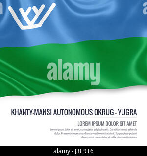 Russische staatliche Khanty-Mansi autonomes Okrug-Jugra Fahnenschwingen auf einem isolierten weißen Hintergrund. Staatliche Name und den Textbereich für Ihre Nachricht. 3D illus Stockfoto