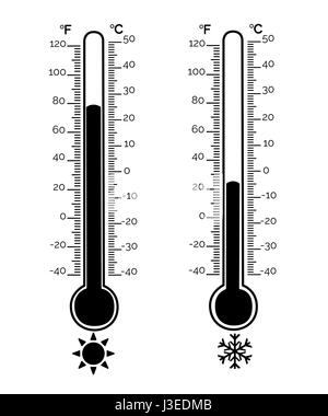 Thermometer-Ausrüstung mit heißem oder kaltem Wetter. Celsius und fahrenheit Meteorologie-Thermometer messen, Hitze und Kälte, Vektor-illustration Stock Vektor