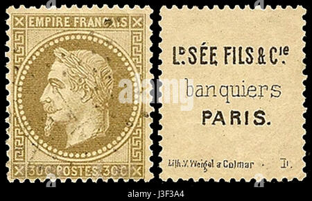 Ein Verweis auf ein historisches Ereignis oder eine Publikation über Frankreich und Louis Napoleon im 19. Jahrhundert, möglicherweise bezogen auf eine Marke oder ein Dokument aus dem Jahr 1867, mit einer Scott-Katalognummer. Stockfoto