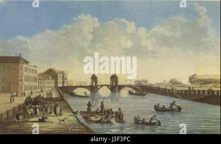 Das Fontanka Embankment in St. Petersburg, Russland, war ein wichtiger Ort während des frühen 19. Jahrhunderts. Dieses Bild aus dem Jahr 1810 unterstreicht die Rolle des Flusses in der Stadtentwicklung und seine architektonische Bedeutung, mit Gebäuden entlang der Wasserstraße und der städtischen Landschaft. Stockfoto