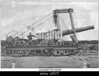 Das französische 240-mm-Geschütz Modell 1903 auf einer Eisenbahnbefestigung war ein schweres Artillerieelement, das während des Ersten Weltkriegs verwendet wurde. Seine Konstruktion ermöglichte größere Mobilität auf dem Schlachtfeld, montiert auf einem Eisenbahnwagen, um eine schnelle Aufstellung und strategische Positionierung zu erleichtern. Stockfoto