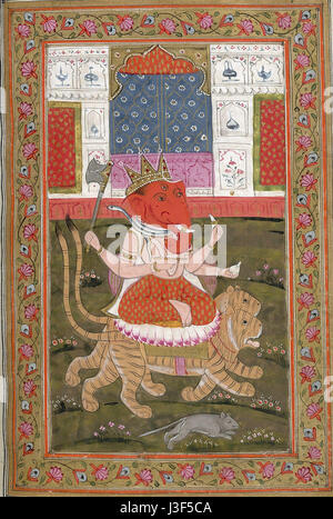 Dieses Miniaturgemälde zeigt die hinduistische Gottheit Ganesha, bekannt für seine Weisheit und das Entfernen von Hindernissen, die in komplizierten Details auf einer kleinen Leinwand festgehalten werden. Stockfoto