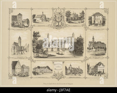Franz Bonns Ansichten von Donauwoerth zeigt eine Reihe von Ansichten über Donauwörth, eine Stadt in Bayern. Das Kunstwerk fängt die historische Architektur und Landschaft der Stadt im 19. Jahrhundert ein. Stockfoto