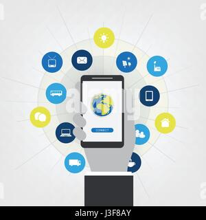 Bunte Internet of Things, Cloud-Computing-Design-Konzept mit Ikonen - digitale Netzwerk-Verbindungen, Technik-Hintergrund Stock Vektor