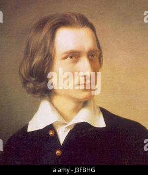 Franz Liszt war ein renommierter ungarischer Komponist und Pianist, eine Schlüsselfigur in der romantischen Musikzeit. Seine Virtuosität und seine kompositorischen Werke prägten den Verlauf der klassischen Musik im 19. Jahrhundert. Stockfoto