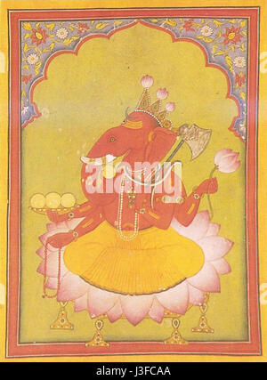 Die Ganesha Basohli-Miniatur um 1730 ist ein indisches Kunstwerk, das den hinduistischen Gott Ganesha darstellt. Das Gemälde spiegelt den künstlerischen Stil der Region Basohli wider, die für ihre markanten Miniaturen bekannt ist. Stockfoto