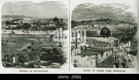 Ainsworths Darstellung des Gartens Gethsemane auf dem Ölberg aus dem Jahr 1870 bietet einen historischen Blick auf diesen bedeutenden biblischen Ort in Jerusalem, der für seine religiöse Bedeutung im Christentum bekannt ist. Stockfoto
