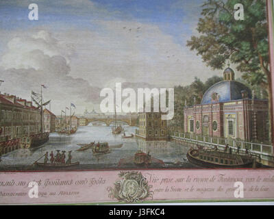 „Fontanka Gravure“ bezieht sich wahrscheinlich auf einen Abdruck oder Gravur, der mit dem Fluss Fontanka in St. Petersburg, Russland, verbunden ist. Der Fluss ist ein bedeutendes kulturelles und historisches Merkmal der Stadt. Stockfoto