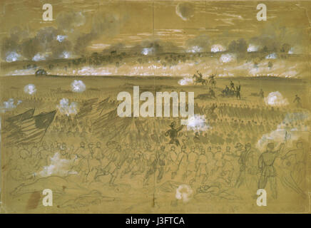 Dieses Bild zeigt General Humphrey Charging, wie Alfred Waud veranschaulicht. Die Szene zeigt einen dramatischen Moment im Amerikanischen Bürgerkrieg und zeigt die Tapferkeit und Führung während der Schlacht. Stockfoto