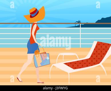 Walking on A Cruise Ship Deck-Woman zu Fuß auf einem Kreuzfahrt-Schiff-Deck bereit zum sitzen und entspannen im Liegestuhl lesen Stock Vektor
