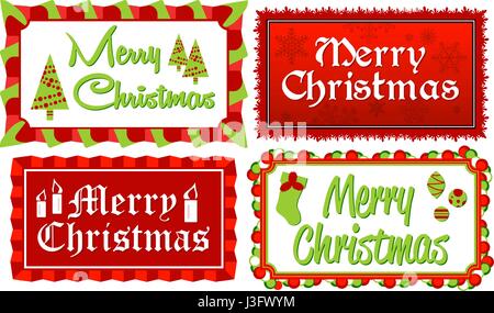 Frohe Weihnachten-Set vier Frohe Weihnachten typografische Fahnen in rot und grün eingerahmt mit stilisierten Grenzen Stock Vektor