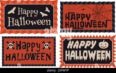 Happy Halloween-Set von vier Happy Halloween typografische Bannern in Orange und schwarz mit einer Rosette Umrandung gerahmt Stock Vektor